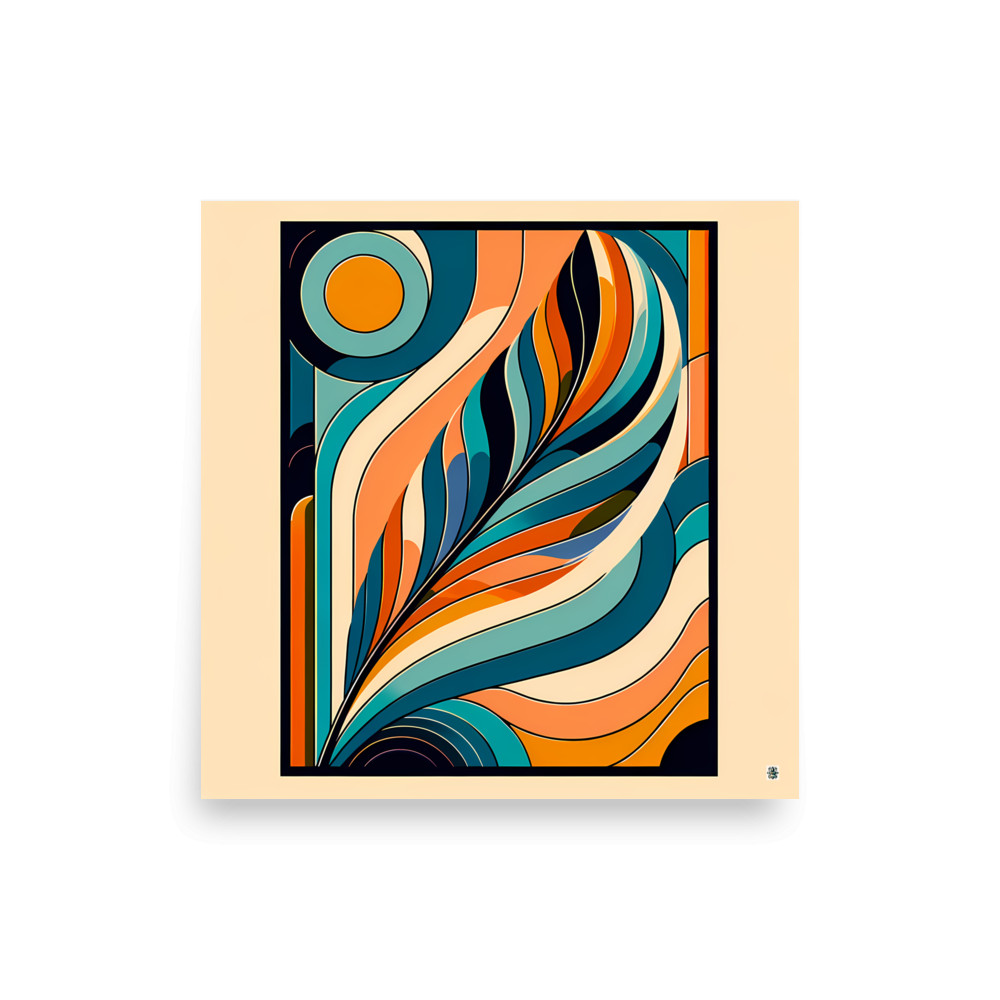 Retro Abstract Feather Waves in Teal and Orange — Art Print