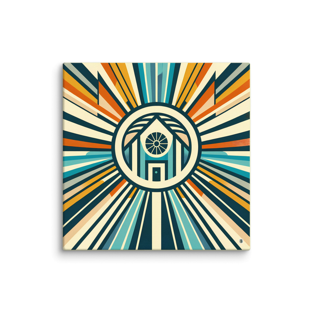 Retro Geometric House Sunburst in Teal and Orange — Canvas Print