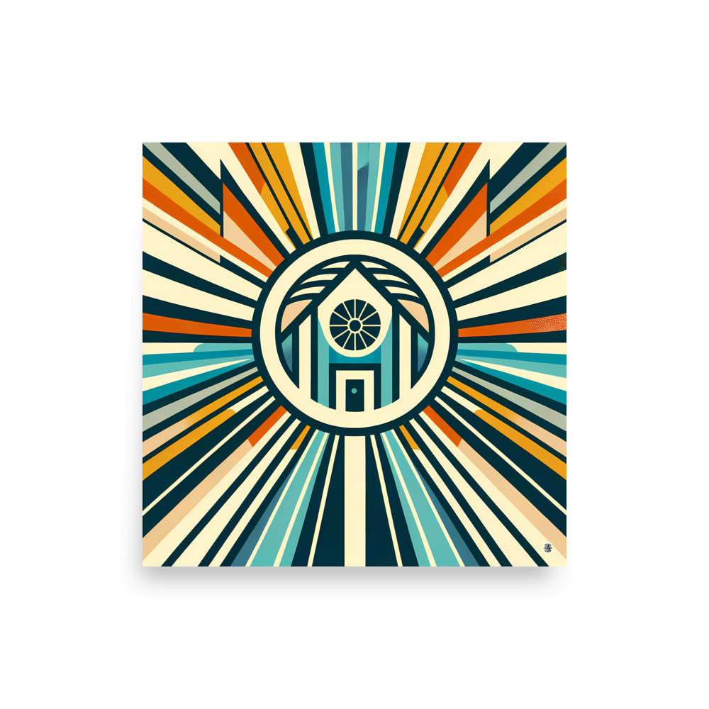 Retro Geometric House Sunburst in Teal and Orange — Art Print