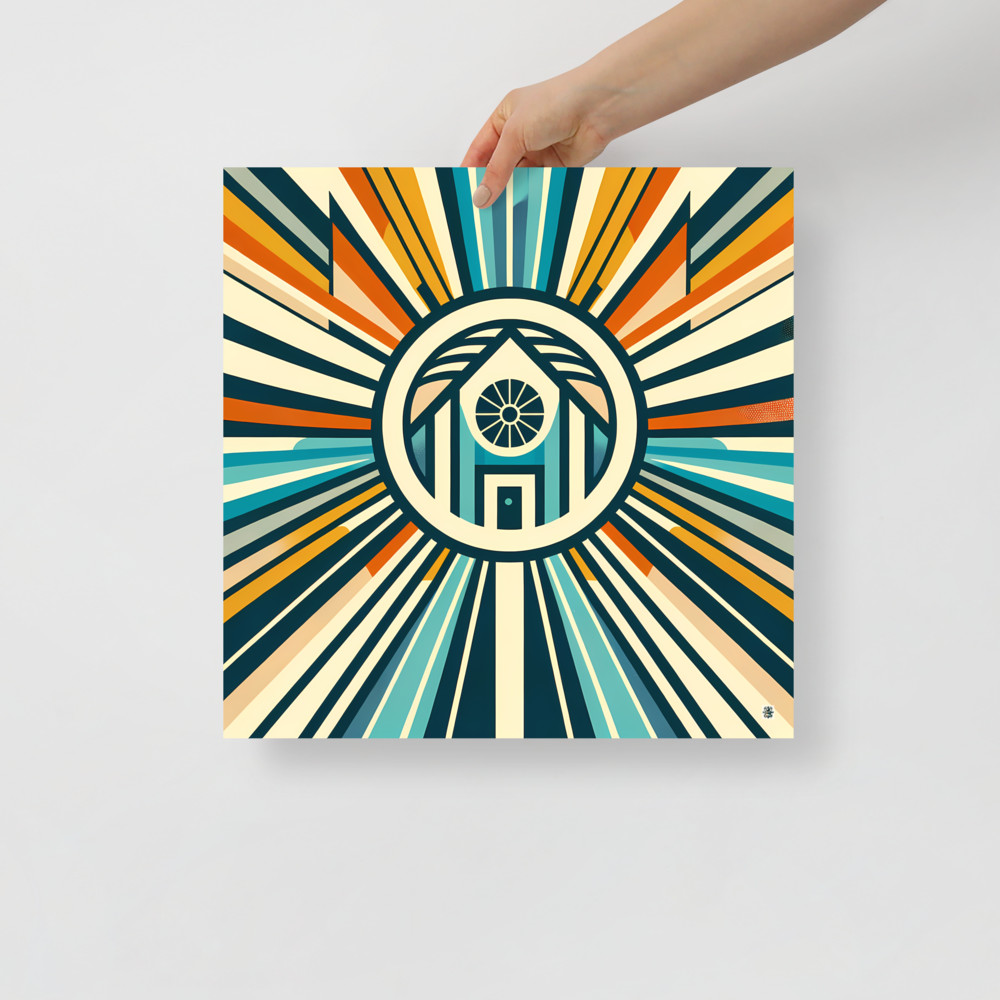 Retro Geometric House Sunburst in Teal and Orange