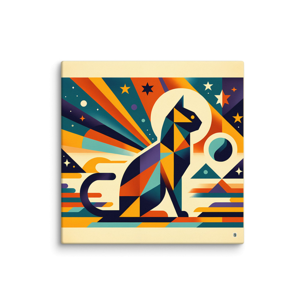 Geometric Space Cat with Retro Sunburst — Canvas Print