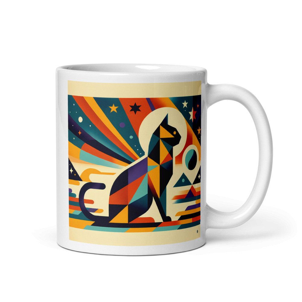 Geometric Space Cat with Retro Sunburst