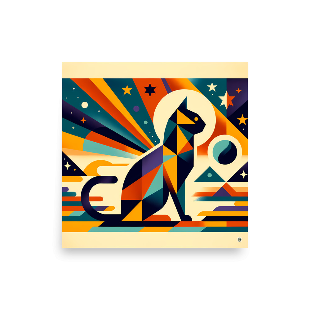 Geometric Space Cat with Retro Sunburst — Art Print