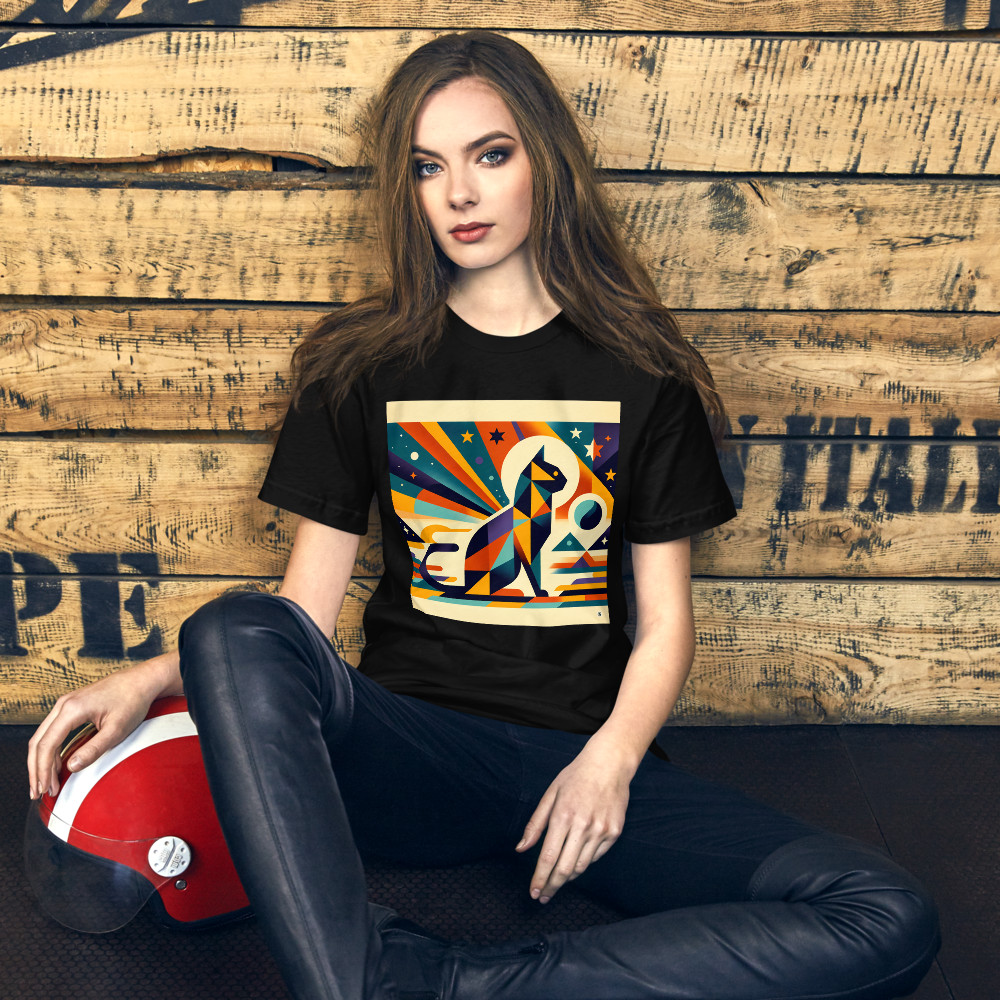 Geometric Space Cat with Retro Sunburst