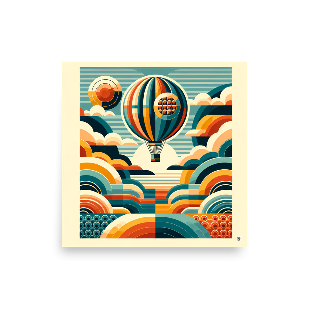 Retro Hot Air Balloon with Geometric Clouds — Art Print