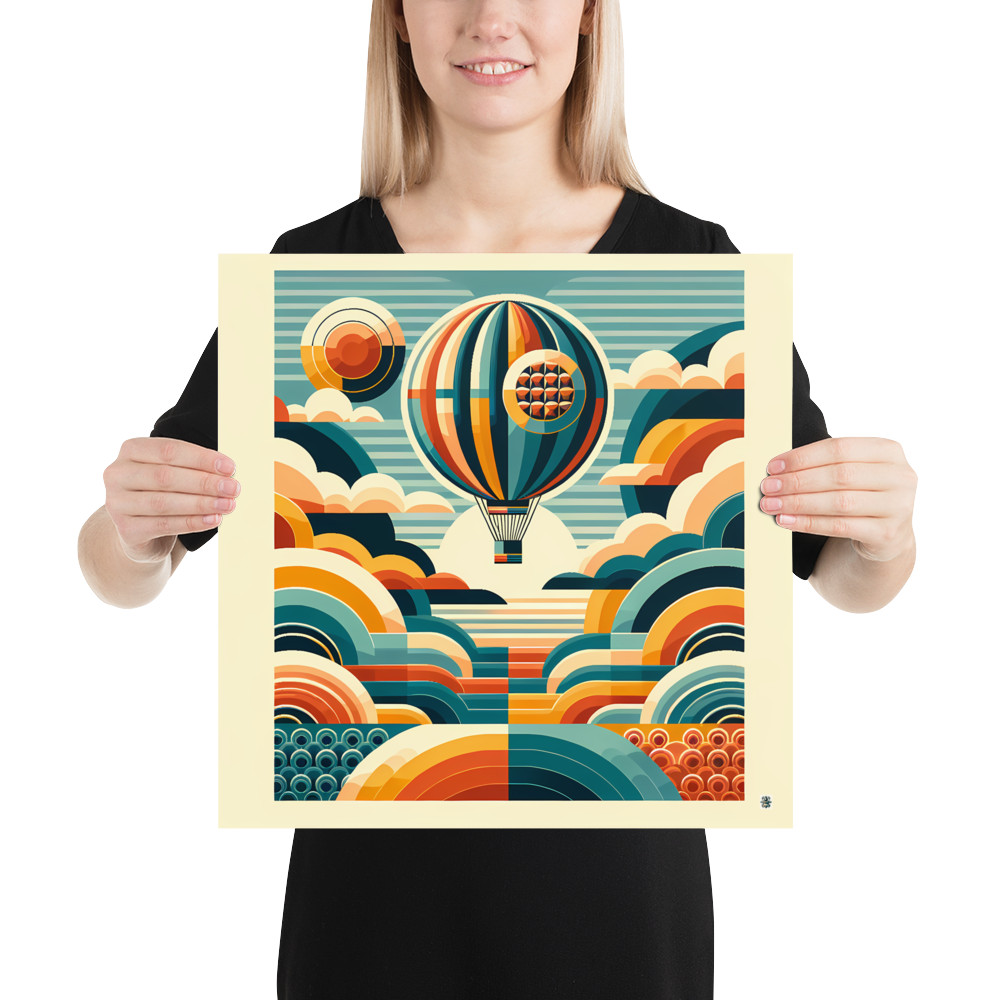 Retro Hot Air Balloon with Geometric Clouds