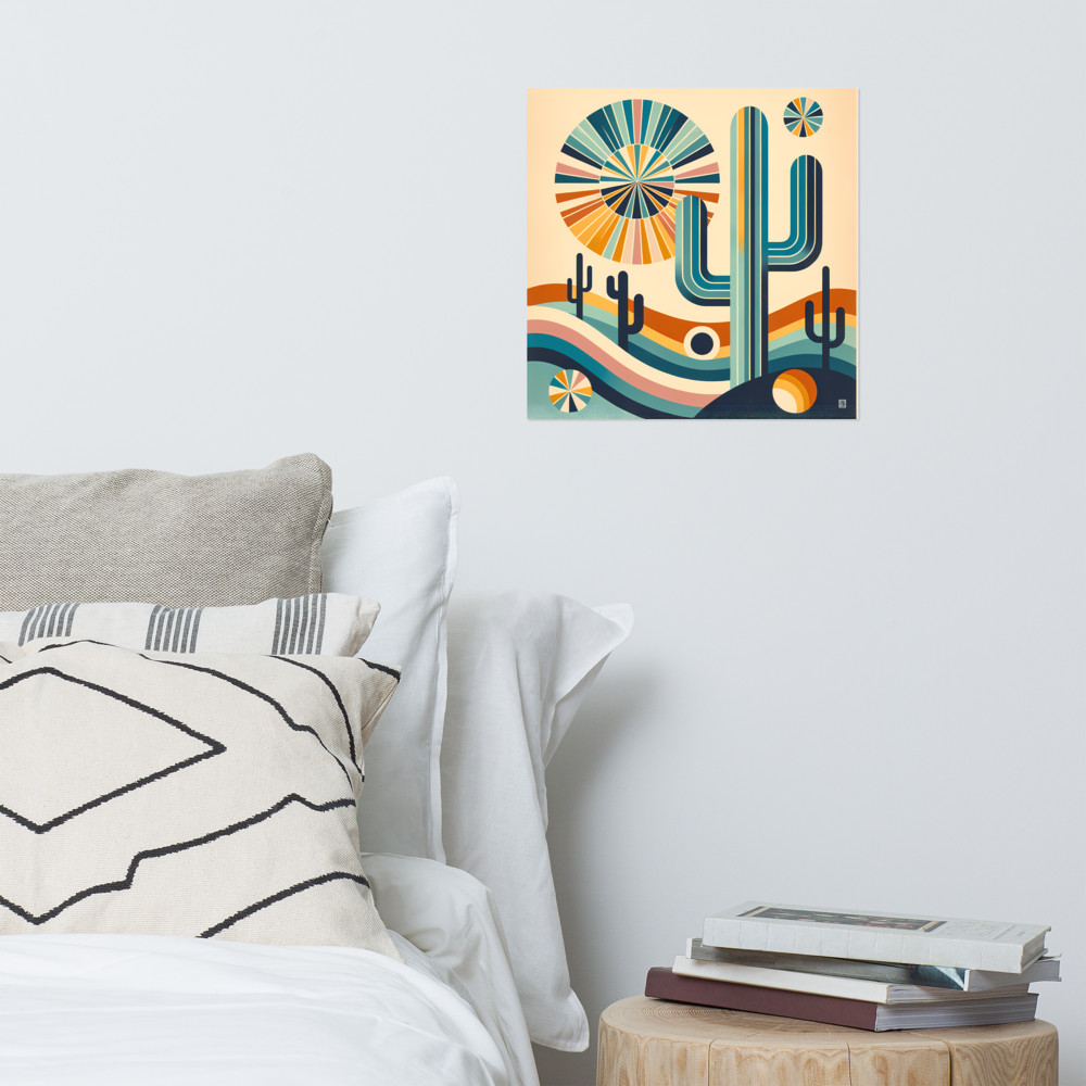 Retro Geometric Cactus Desert Scene — Art Print