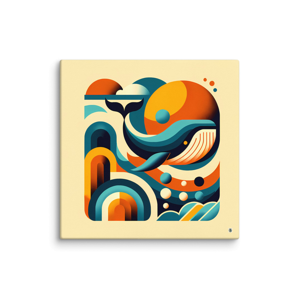 Retro Geometric Whale in Teal and Orange Waves — Canvas Print