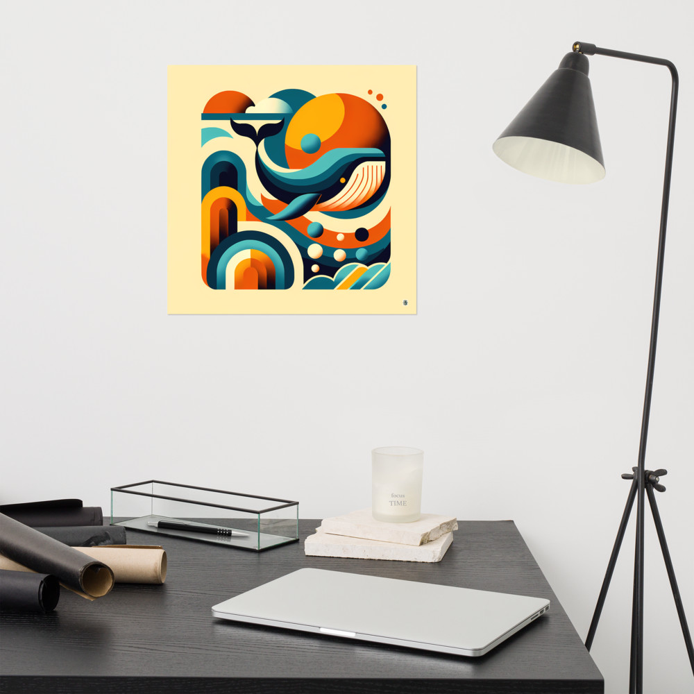 Retro Geometric Whale in Teal and Orange Waves