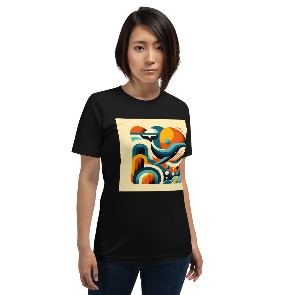 Retro Geometric Whale in Teal and Orange Waves