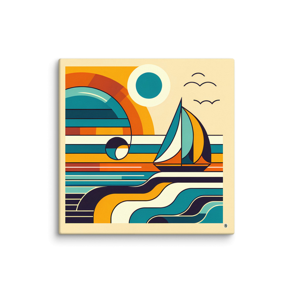 Retro Geometric Sailboat Sunset Seascape in Teal — Canvas Print