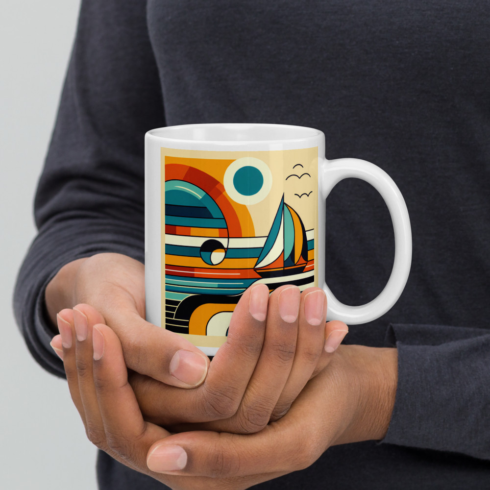 Retro Geometric Sailboat Sunset Seascape in Teal