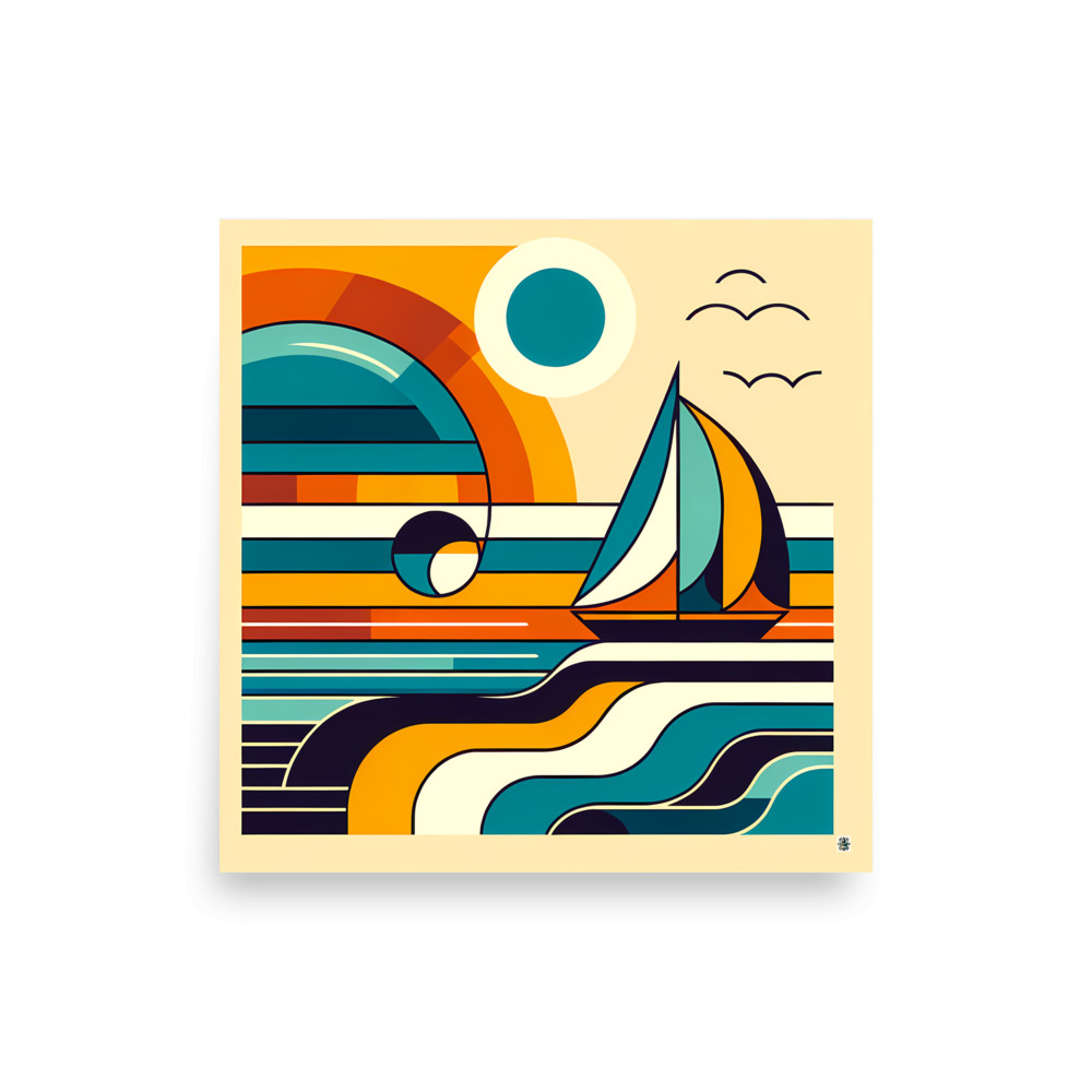 Retro Geometric Sailboat Sunset Seascape in Teal — Art Print