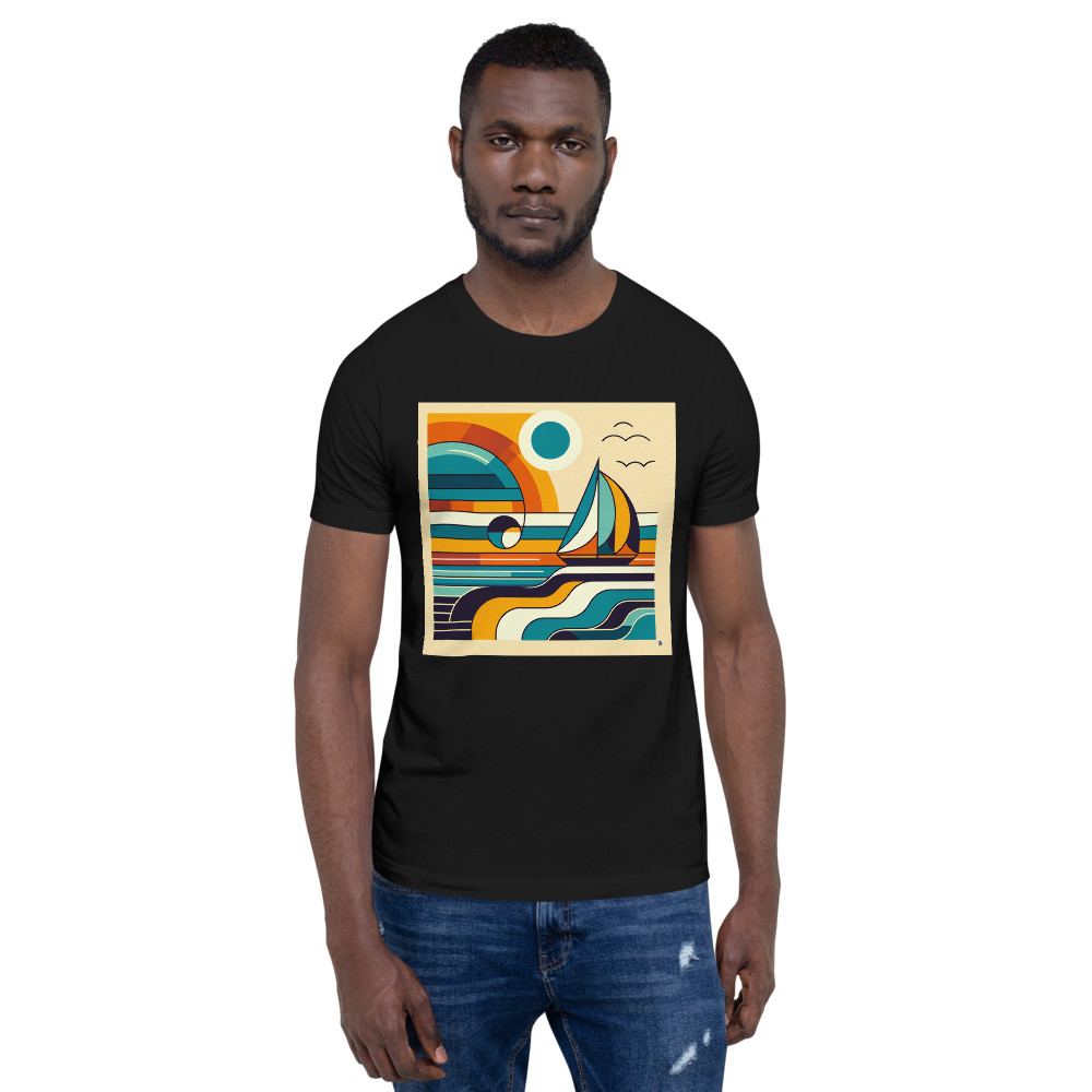 Retro Geometric Sailboat Sunset Seascape in Teal