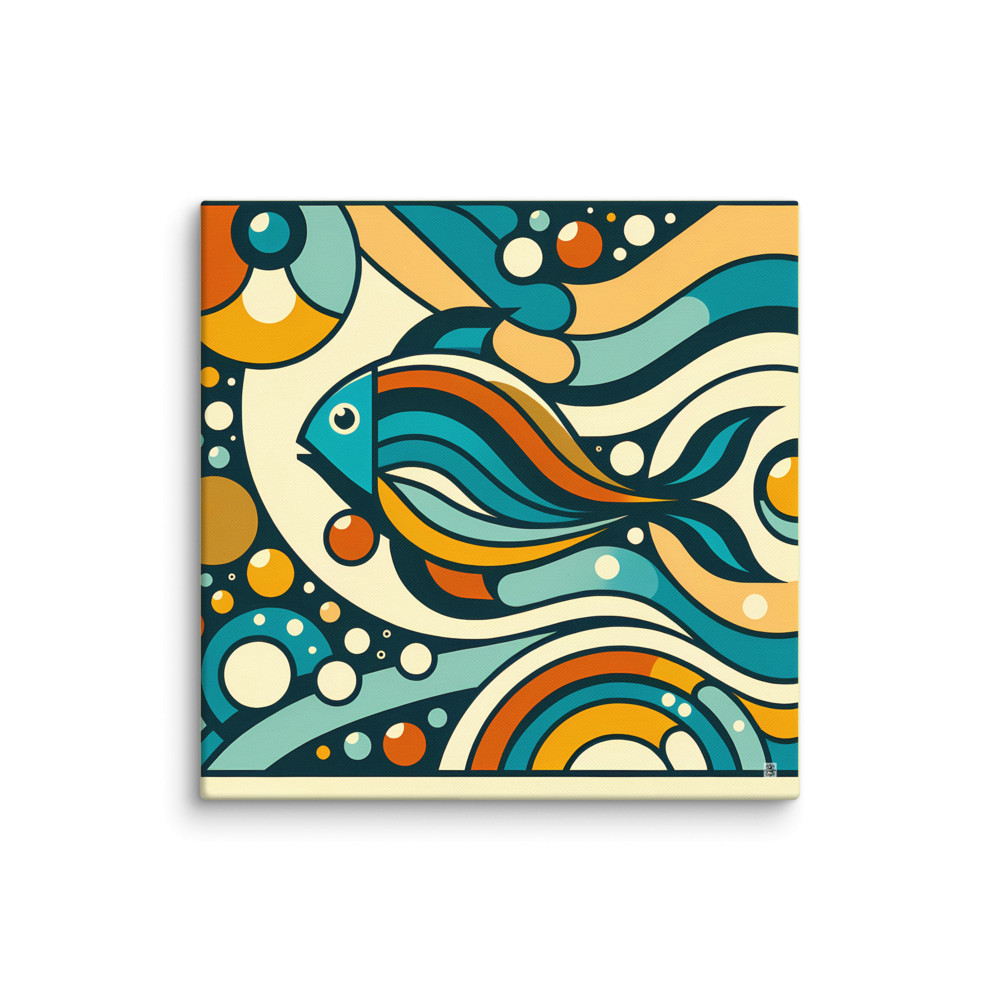 Retro Geometric Fish Abstract Waves in Teal and Orange — Canvas Print