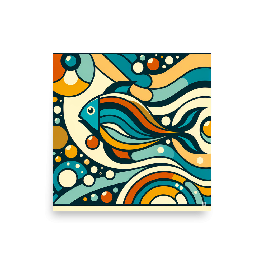 Retro Geometric Fish Abstract Waves in Teal and Orange — Art Print