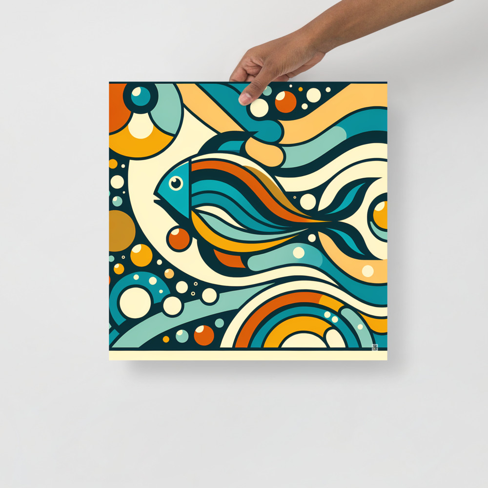Retro Geometric Fish Abstract Waves in Teal and Orange