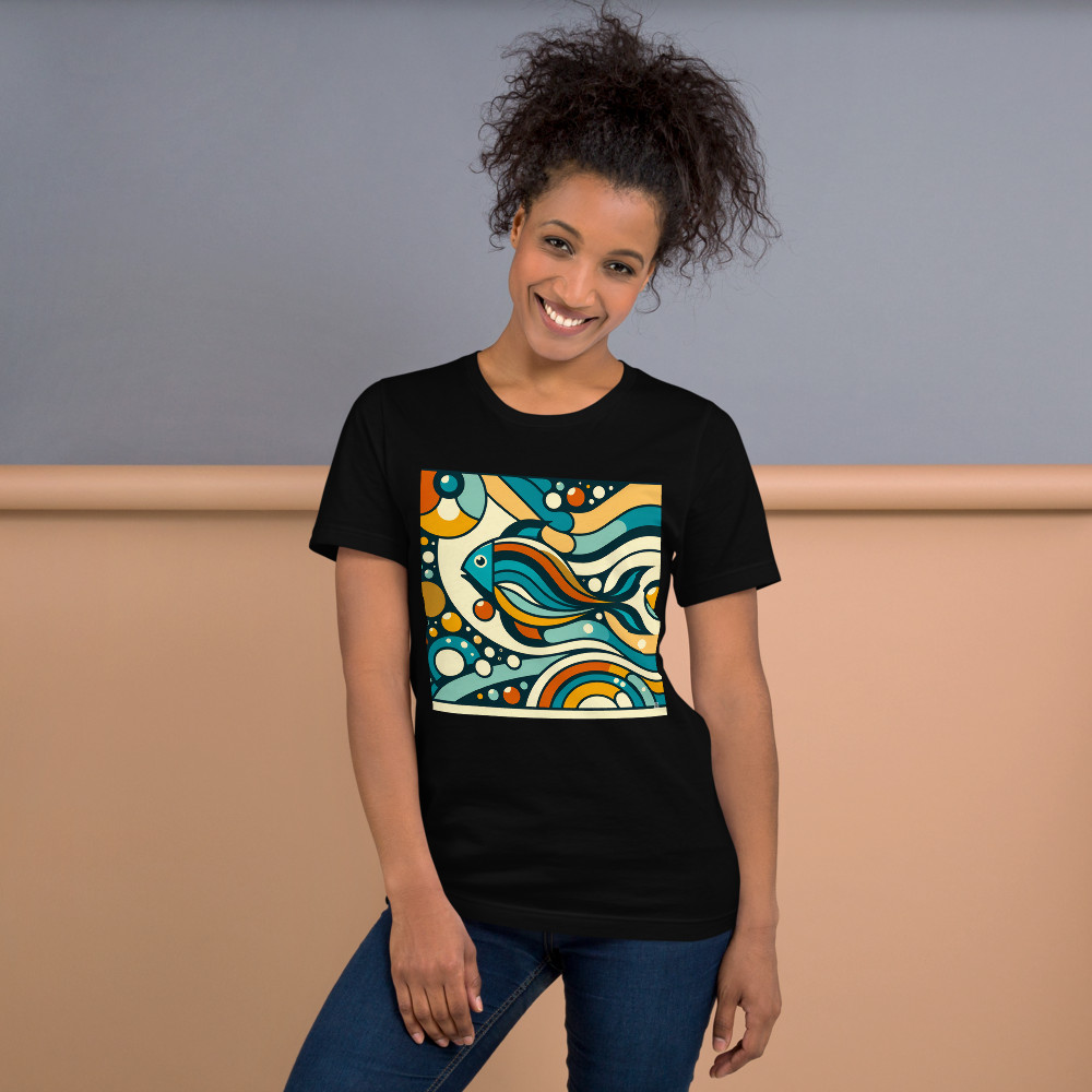 Retro Geometric Fish Abstract Waves in Teal and Orange