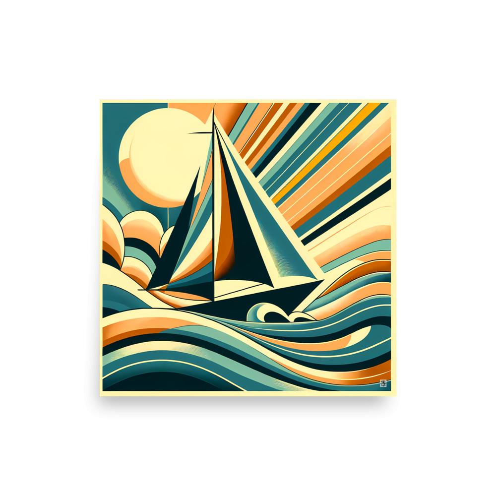 Retro Sailboat with Bold Geometric Waves — Art Print