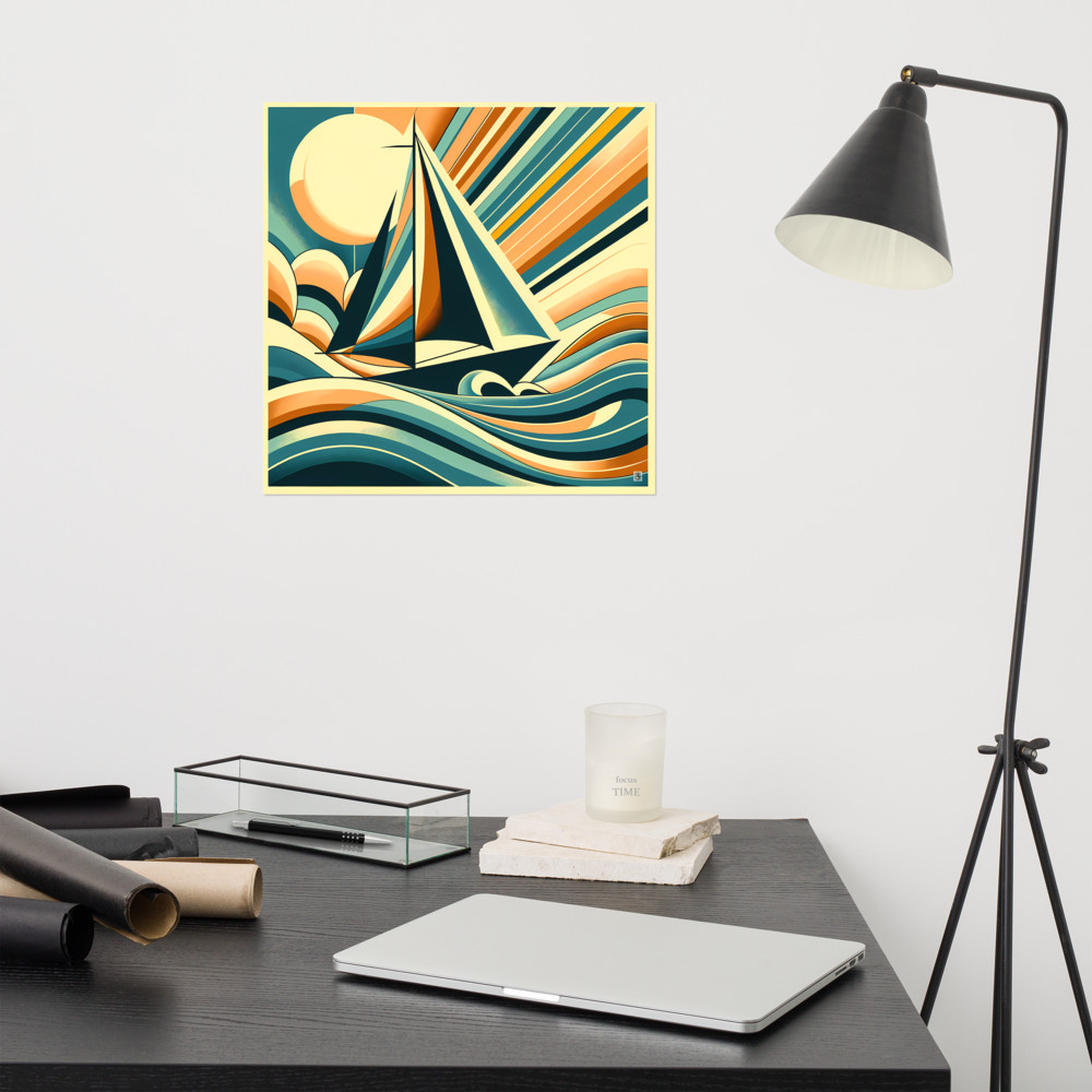 Retro Sailboat with Bold Geometric Waves