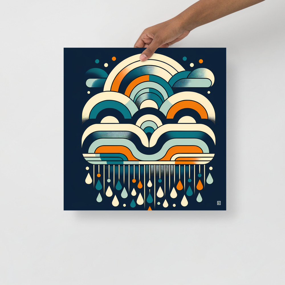 Retro Geometric Rainbow Clouds and Raindrops