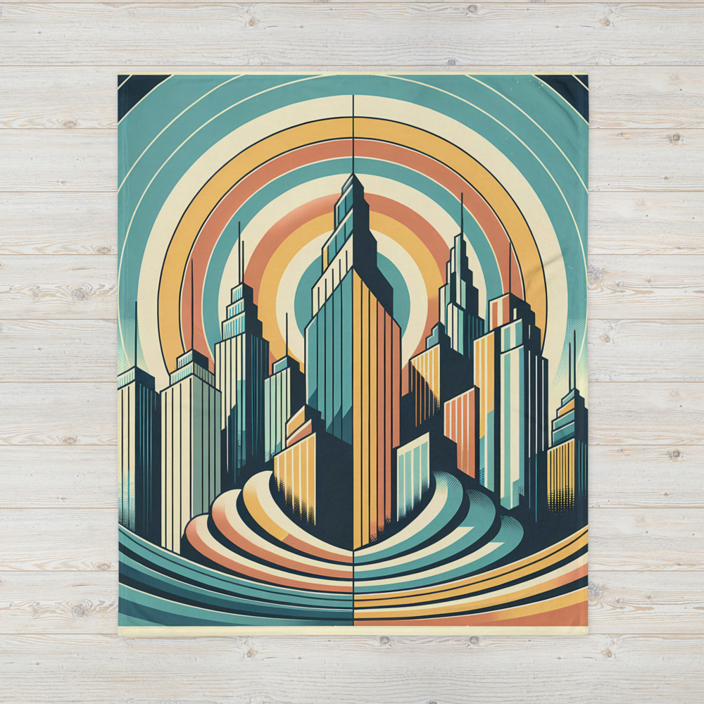 Retro Art Deco City Skyline with Sunburst Rings
