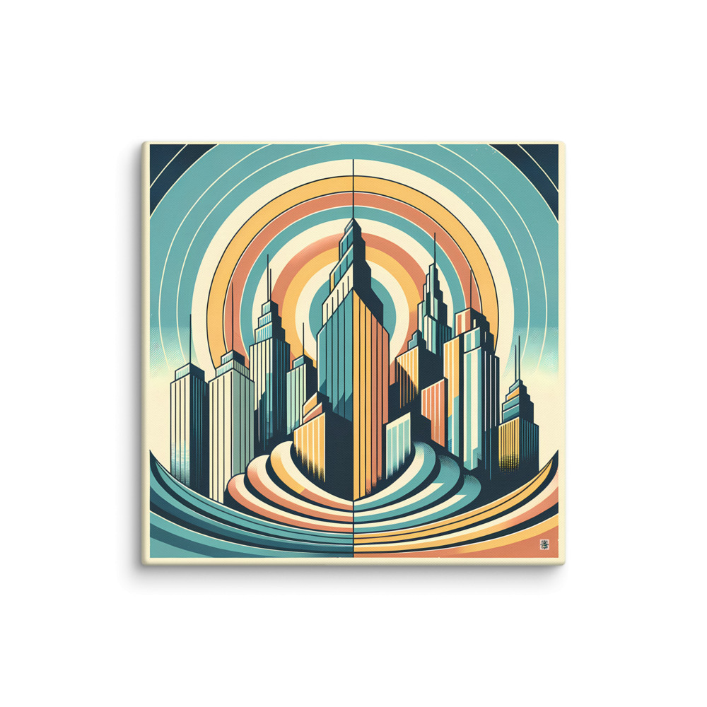 Retro Art Deco City Skyline with Sunburst Rings