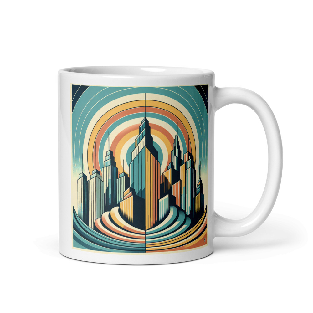 Retro Art Deco City Skyline with Sunburst Rings