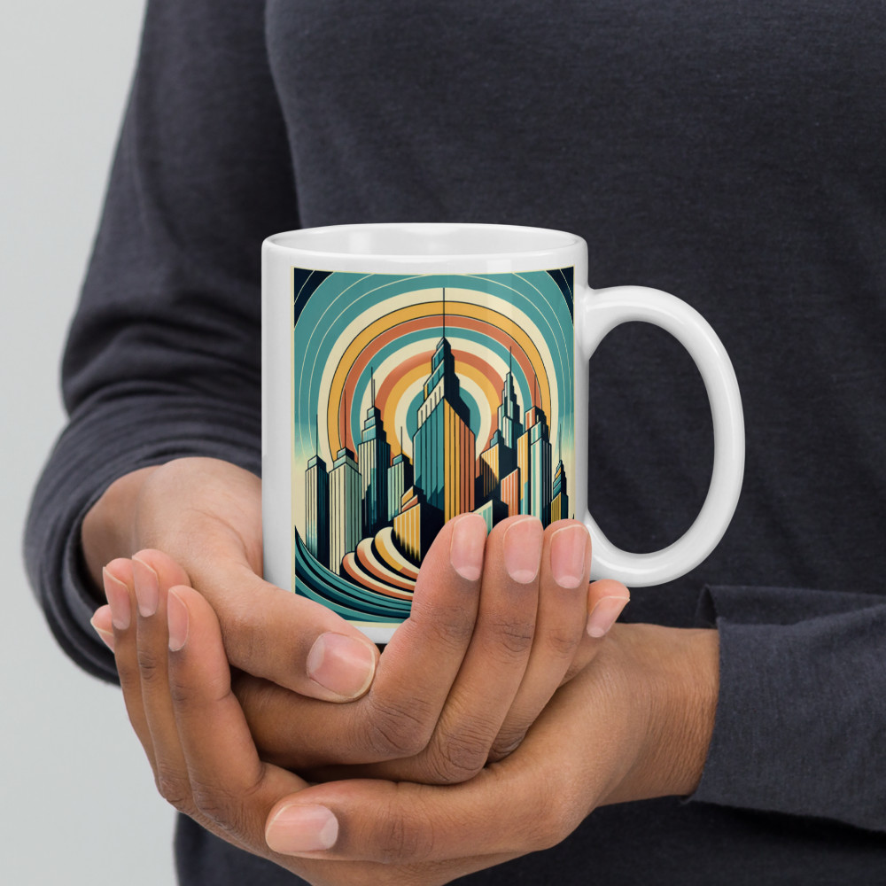 Retro Art Deco City Skyline with Sunburst Rings
