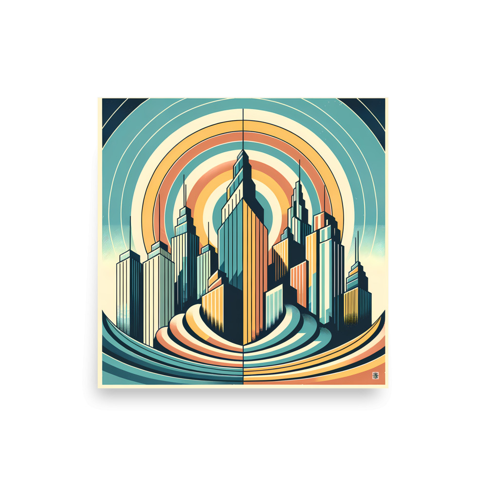 Retro Art Deco City Skyline with Sunburst Rings — Art Print